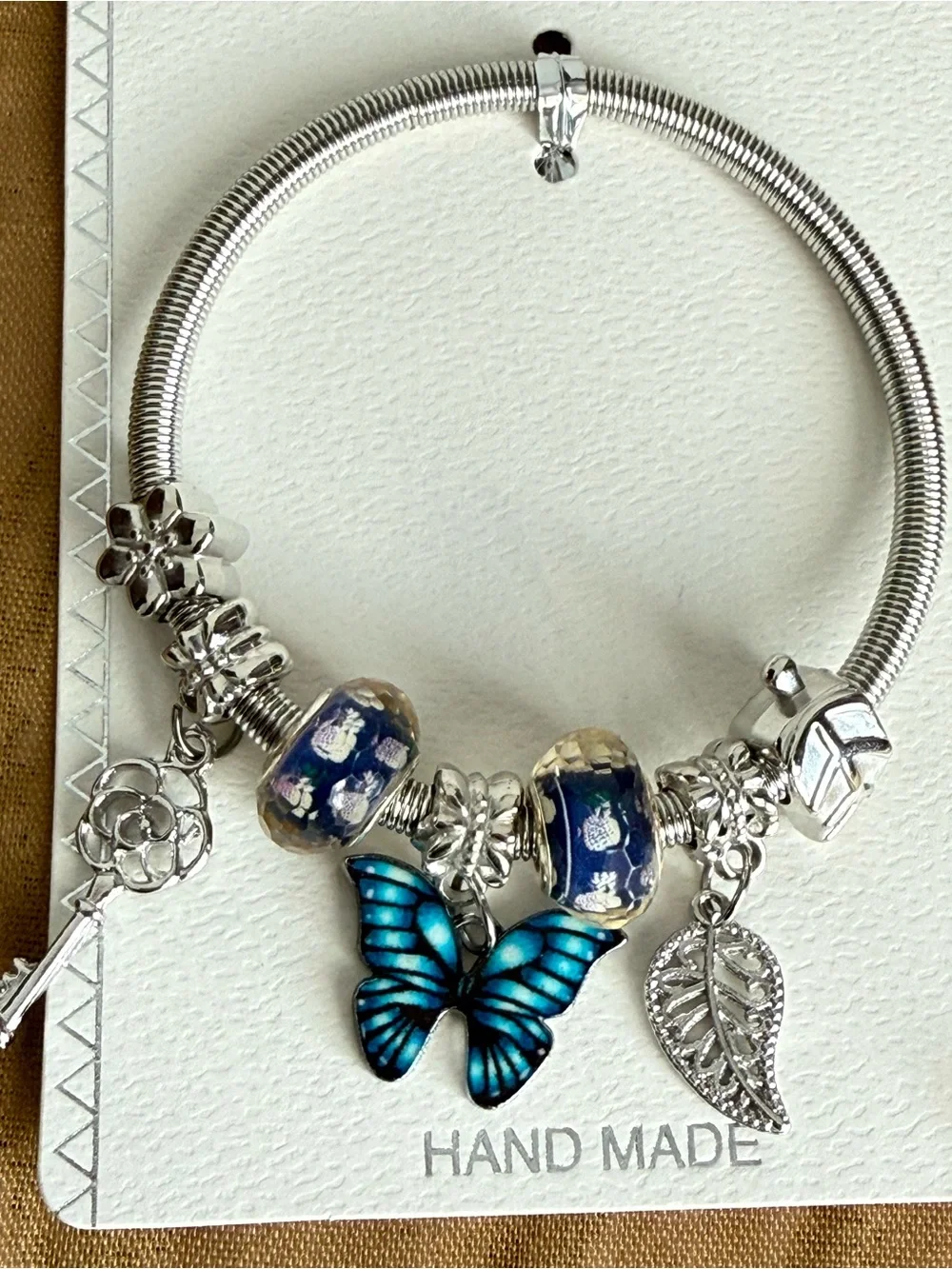 Mint Silver Charm Bracelet with Blue Butterfly and Navy Glass Beads
